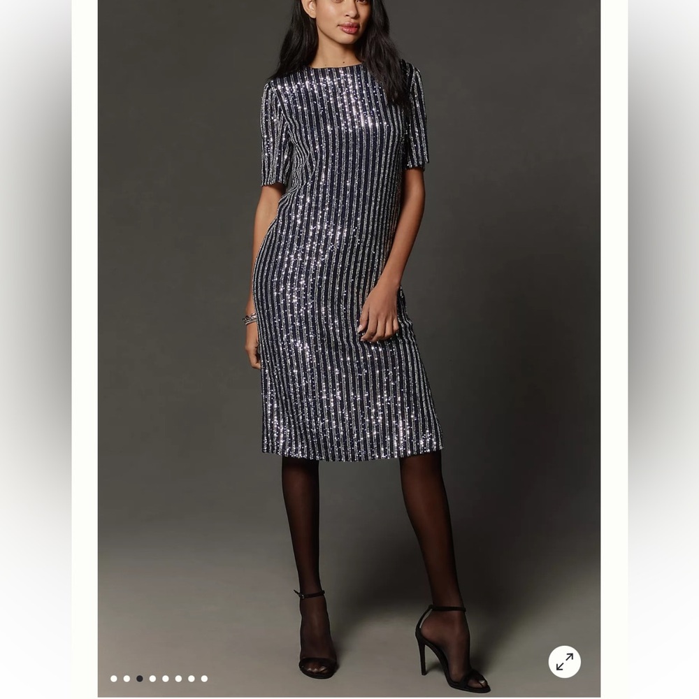 Anthropologie Flat White Size XS Navy and Silver Sequin Midi Dress